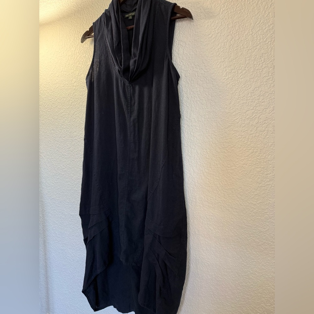 For Cynthia Linen Blend Cowl Neck Dress | Navy Blue | Asymmetrical Hem | - Picture 4 of 10
